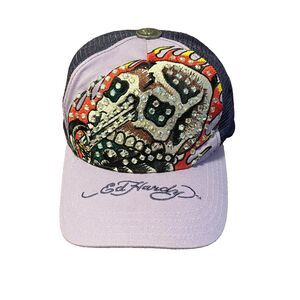 Ed Hardy Snapback Trucker Hat Skull Rhinestone Embroidered